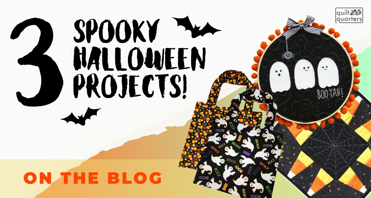 A blog post image with 3 sewing, embroidery, and quilting Halloween projects